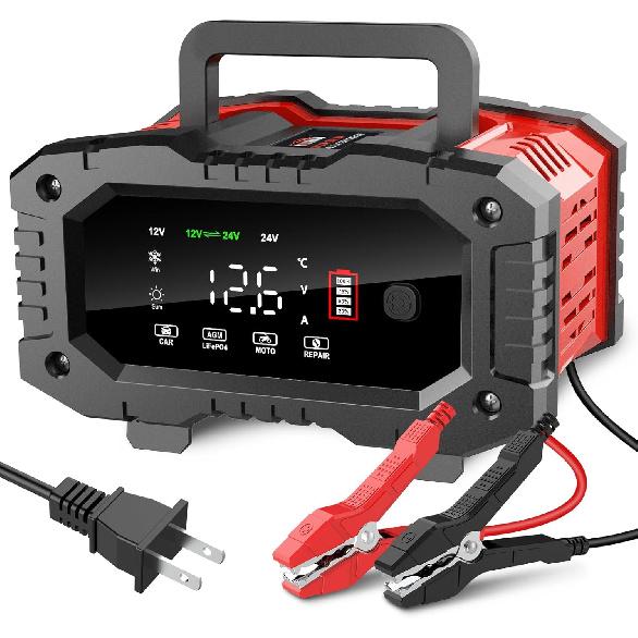YONHAN Battery Charger 0-20A 12V 24V LiFePO4 Lead Acid Portable Car Battery Charger 8-Stage Trickle Charger Smart Battery Maintainer w/Temp