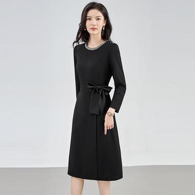 Autumn Rhinestone Waist-Gathering Bow Bodycon Dress