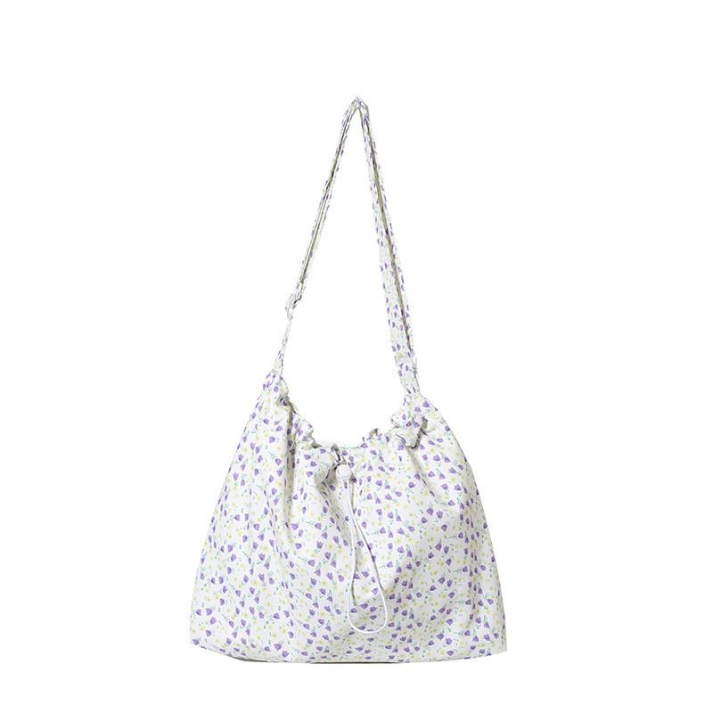Canvas Drawstring Ruched Floral Tote Bag With Magnetic Closure For Casual Daily Use