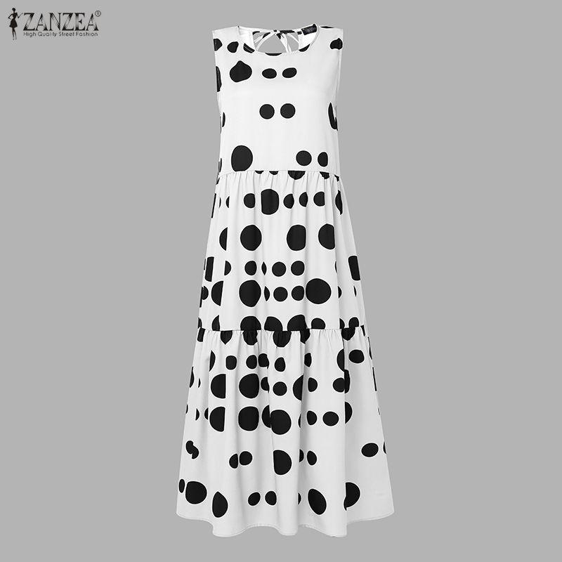 ZANZEA Women Casual Round Neck Loose Sleeveless Print Dress