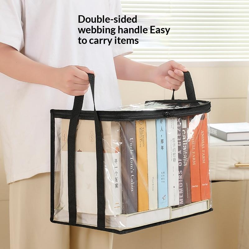 Transparent Foldable Book Storage Organizer With Zipper Lid Portable Handles For Home Office Student Dorm Use