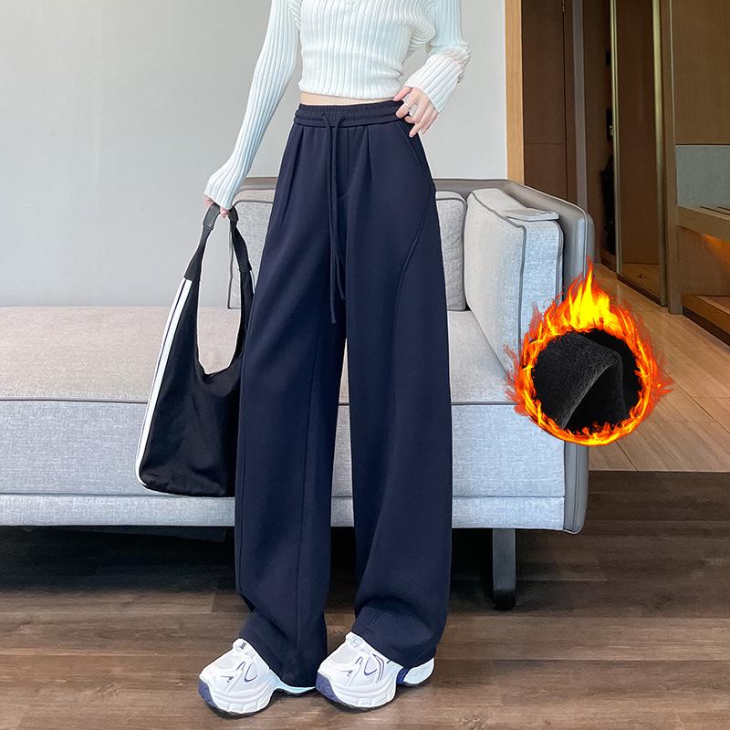 

Women s Black Wide-Leg Pants - Autumn/Winter 2025 New Arrival, Curved Leg, Plus Velvet, Cotton, Petite, Straight, Loose Fit 4XL