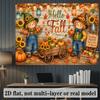 2D plane. Autumn harvest theme background fabric featuring scarecrows pumpkins sunflowers and maple leaves.zyc