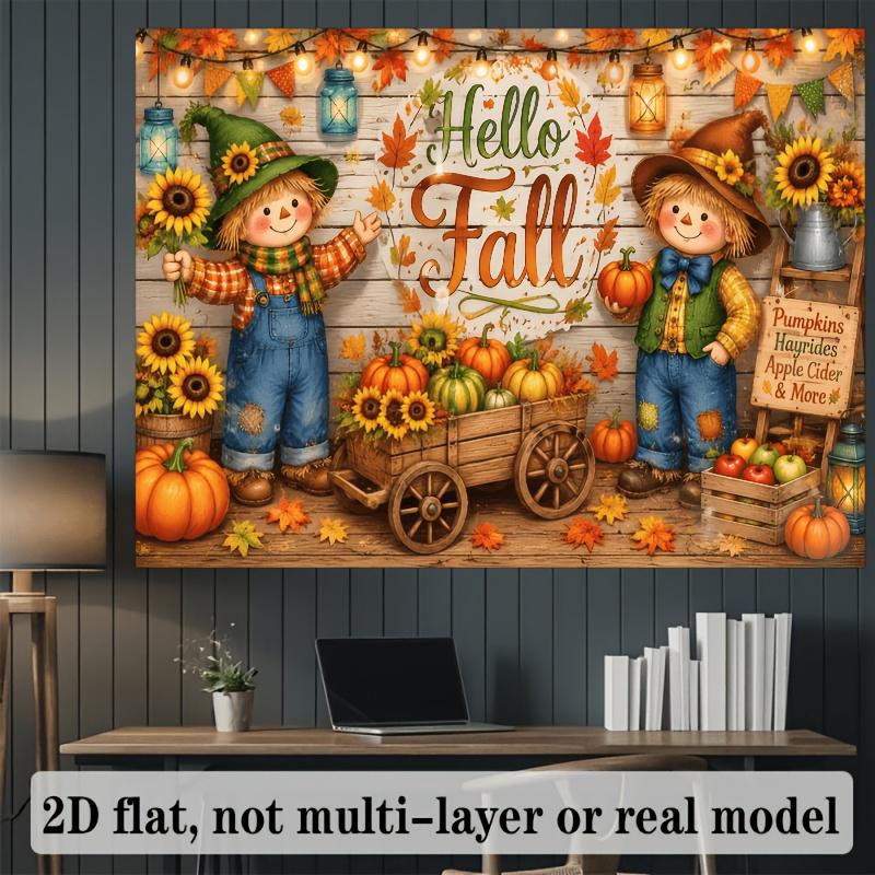 2D plane. Autumn harvest theme background fabric featuring scarecrows pumpkins sunflowers and maple leaves.zyc