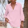 Women Casual Loose Fit Tunic Top V Neck Collared Three Quarter Sleeve Lightweight Blouse for Everyday Wear