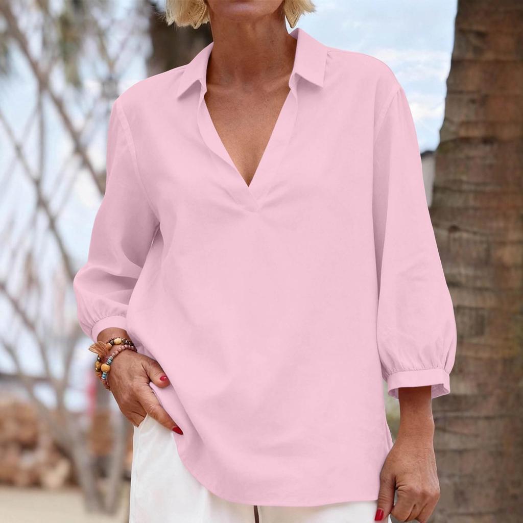 Women Casual Loose Fit Tunic Top V Neck Collared Three Quarter Sleeve Lightweight Blouse for Everyday Wear