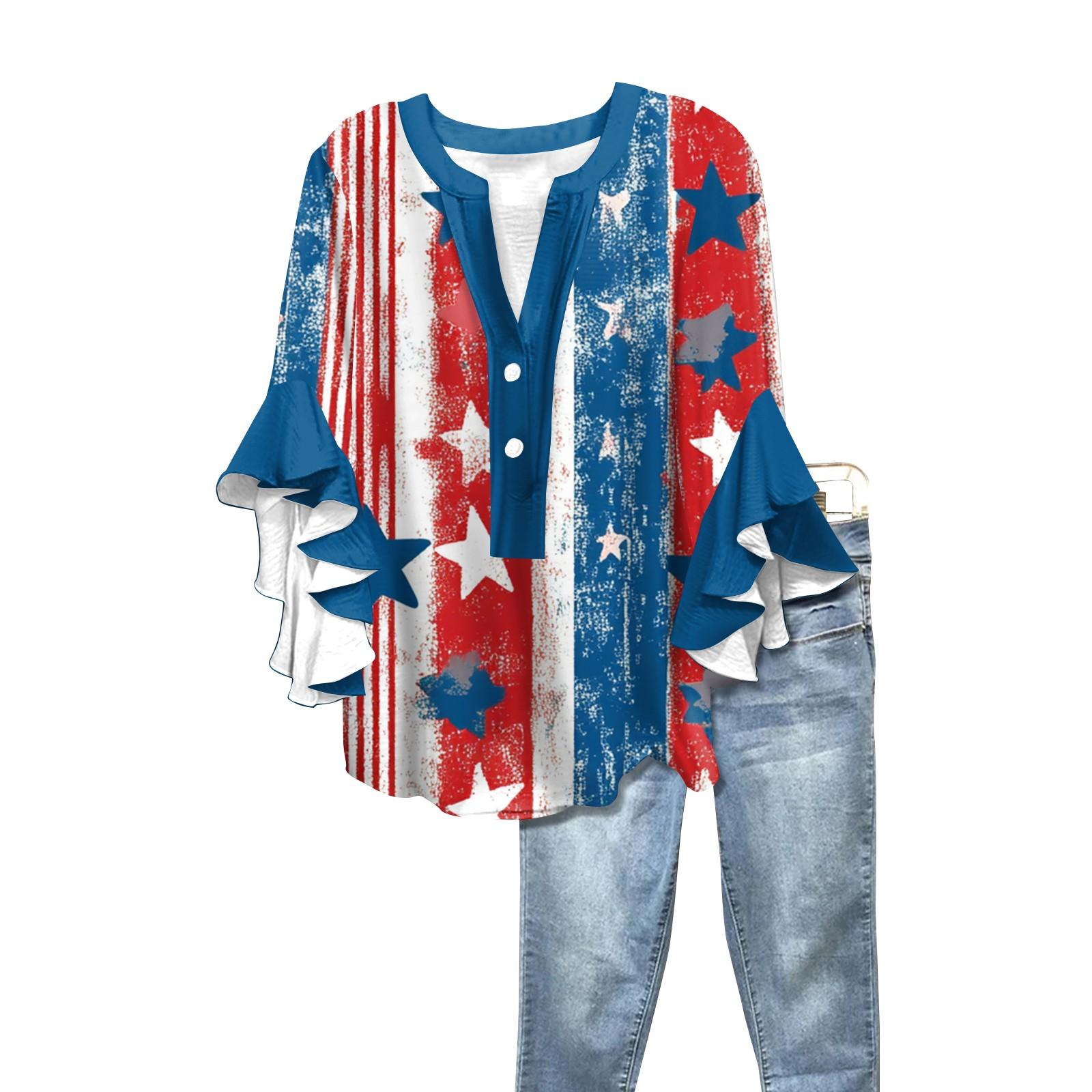

Summer Women s Tops V Neck Seven Sleeve Shirt Independence Day Printed Tops Casual Shirt L красный