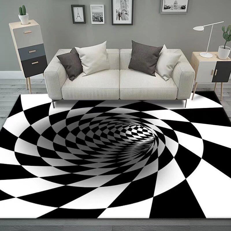 3D Vortex Illusion Black White Rug for Bedroom Floor Mat Abstract Geometric Optical Vertigo Carpet Non-slip Living Room Decor