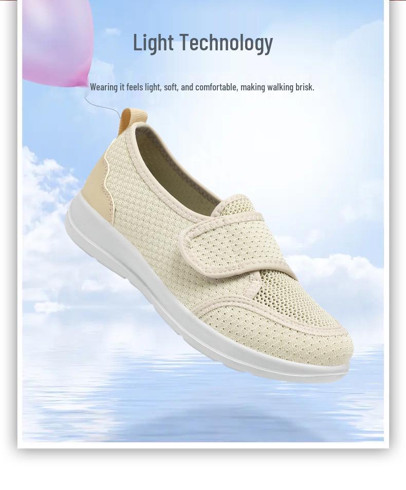 Damskie Wiosenne Dzianinowe Oddychające Lekkie Modne Buty do Chodzenia na Rzepy Rehabilitacyjne dla Starszych