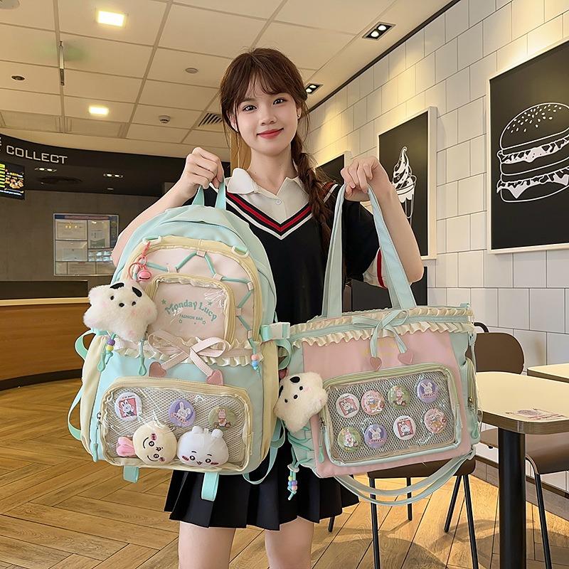 New Schoolbag Female High-value Contrasting Color College Style Junior High School Student Backpack Ballet Style Pleated Lace Pain Bag