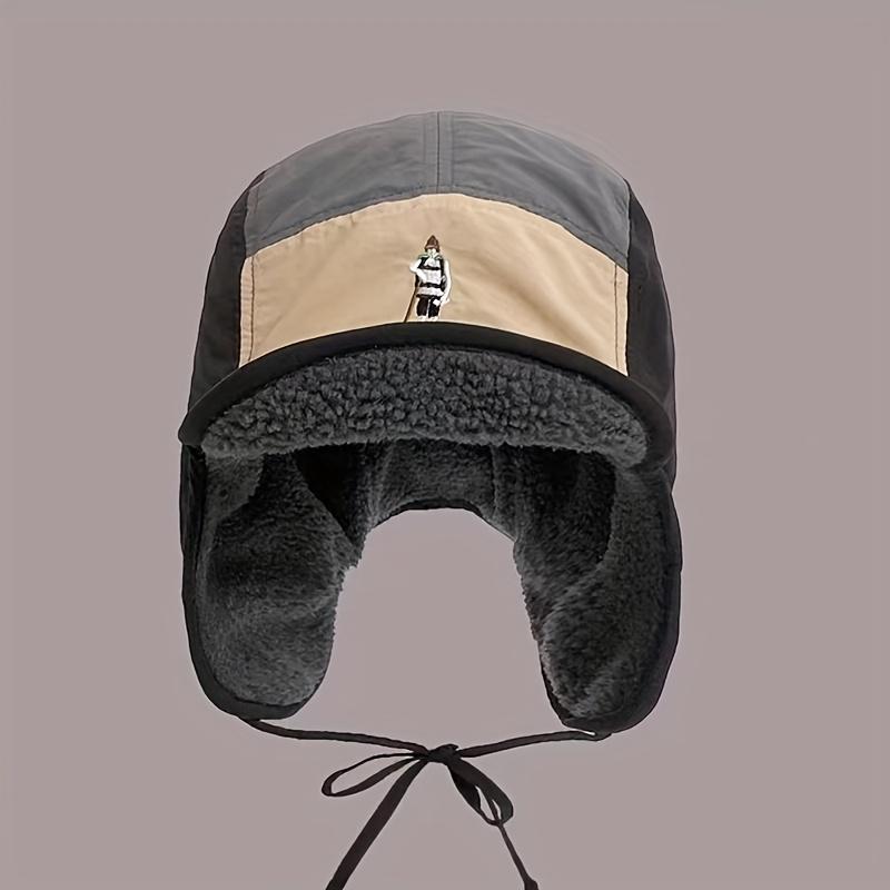 Men's Retro Fleece-Lined Flight Cap - Lightweight Winter Hat with Adjustable Drawstring, Olive Green & Brown Colorblock,Plush Fleece Lining for Skiing