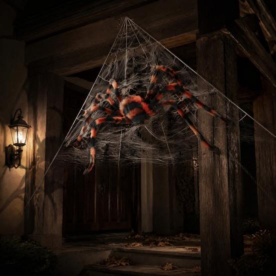 Large Halloween Spider Decorations Giant Spider, Scary Orange Black Hairy Decoration, Realistic Furry Prop Horror Props with Red Eyes for Porch