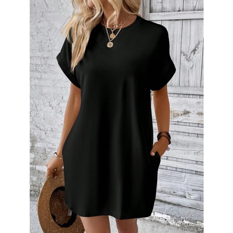 Women's Spring and Summer New Solid Color Round Neck Casual Breathable Loose Short Sleeve Pocket Dress