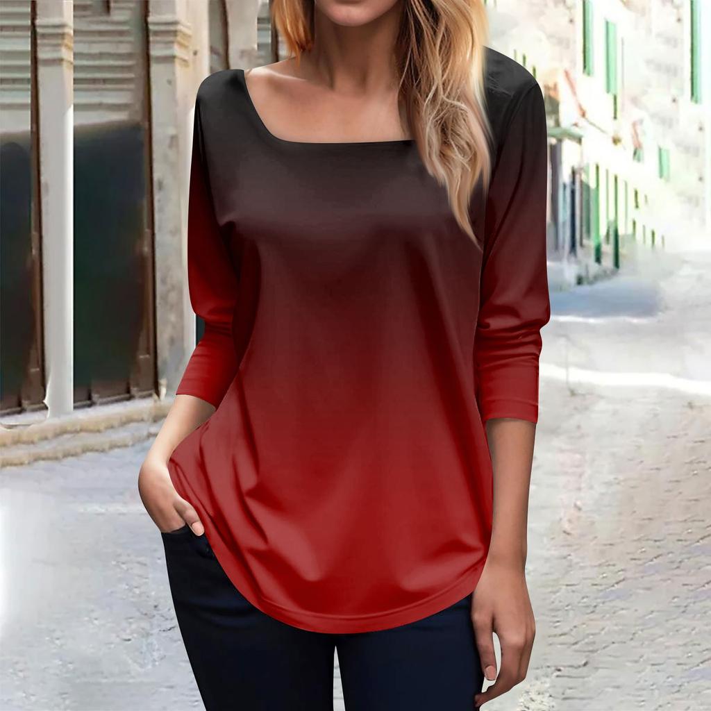 Women's Fashionable Waist Square Neck Long Sleeve Gradient Print T-Shirt Top