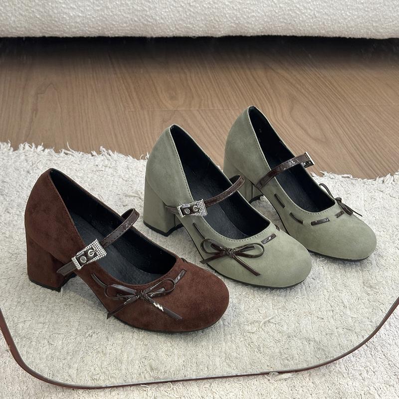 Vintage Mary Jane Shoes Women Spring New Versatile Bow Block Heel Temperament High Heels