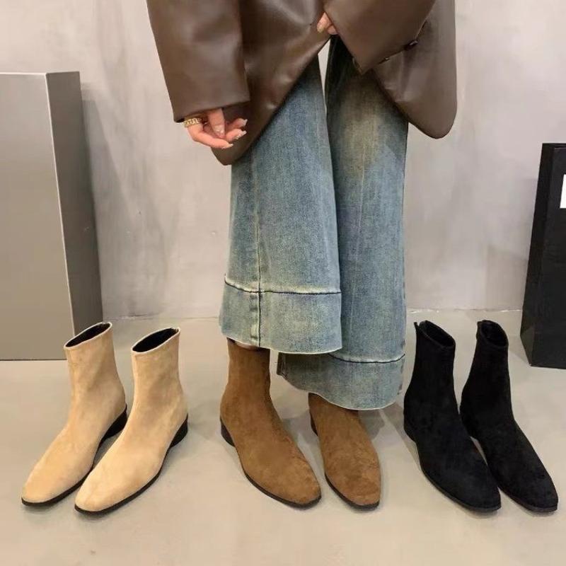 Autumn and Winter New Solid Color Velvet Thin Boots Simple and Versatile Temperament Square Head Short Boots Low Heel Boots Women