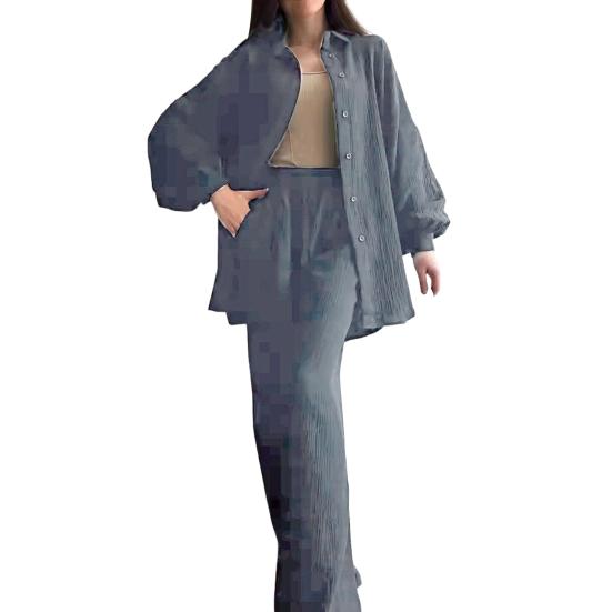 

2 шт./комплект женский рубашка брюки комплект отложной воротник однобортный длинный рукав свободный верх эластичный пояс широкие брюки спортивный костюм S темно-синий