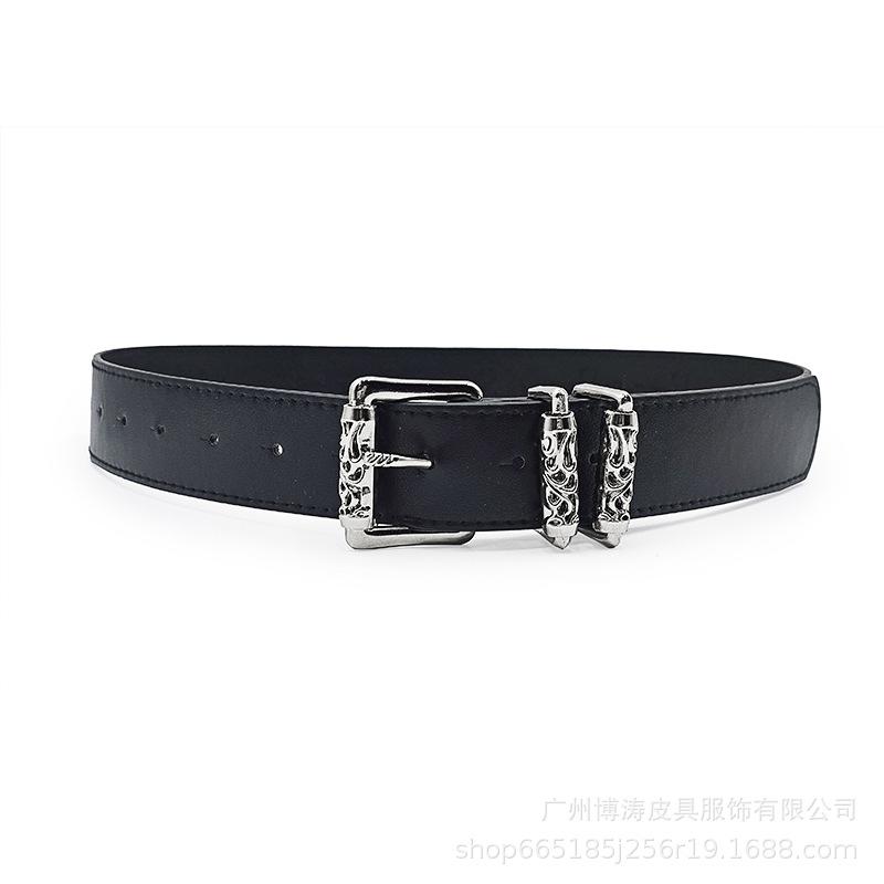 New Silver Alloy Engraved Roller Hollowed Out Crowe Pin Buckle PU Belt Punk High Street Men's and Women's Fashion Trend