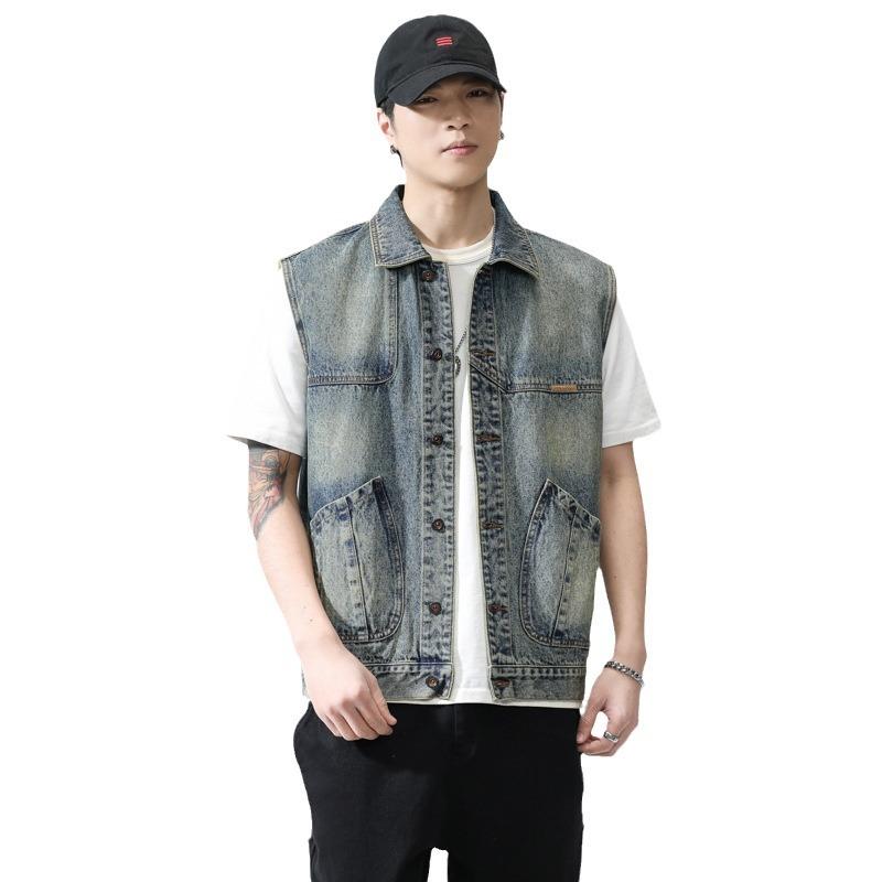 Hong Kong Style Retro Waistcoat Vest Men's Spring New Korean Style Casual Handsome Versatile Sleeveless Denim Jacket