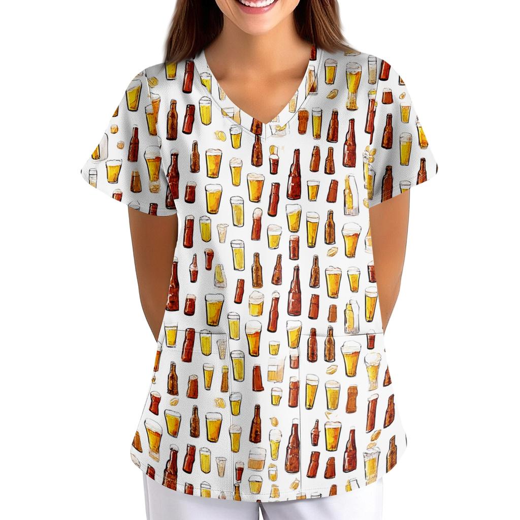 Women's Loose Fit V Neck Short Sleeve Medical Scrub Top with Pocket Beer Festival Print Comfortable Work Uniform for Nurses Caregivers