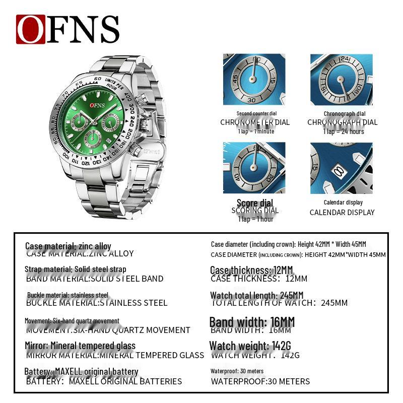 OFNS Men's Quartz Watch: Fashionable Business Design, Six-Hand Dial, Calendar, Solid Steel Band, Waterproof.