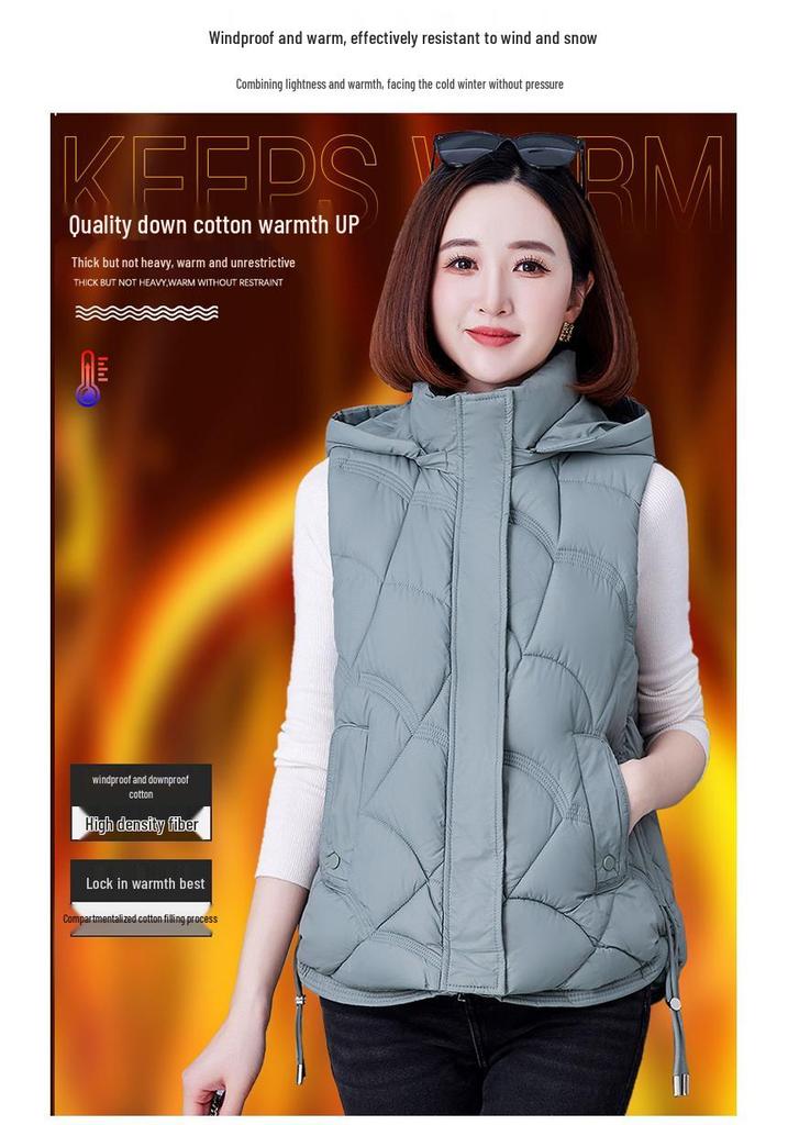 Stylish Hooded Down Cotton Vest for Middle-Aged Women, Windproof Warm Casual Jacket for Autumn/Winter