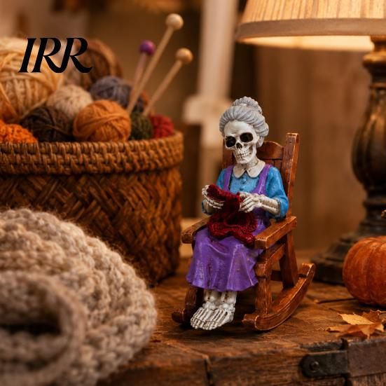 Collectible Skeleton Shelf Sitter Halloween Figurine, Resin Sitting On Rocking Chair Statue, Drinking Funny Dark Holiday Figurines Coffee Crocheting