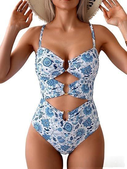European and American swimsuit women's sexy splicing metal buckle hollow one-piece swimsuit hot spring vacation swimsuit women