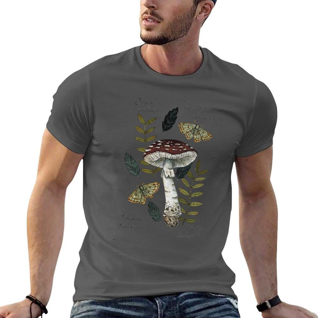 Amanita Muscaria With Moths And Leaves Botanical Illustration Tshirt Ultra Soft Breathable Tee Top