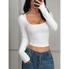 Womens Solid Ribbed Square Neck Long Sleeve Cropped Top
