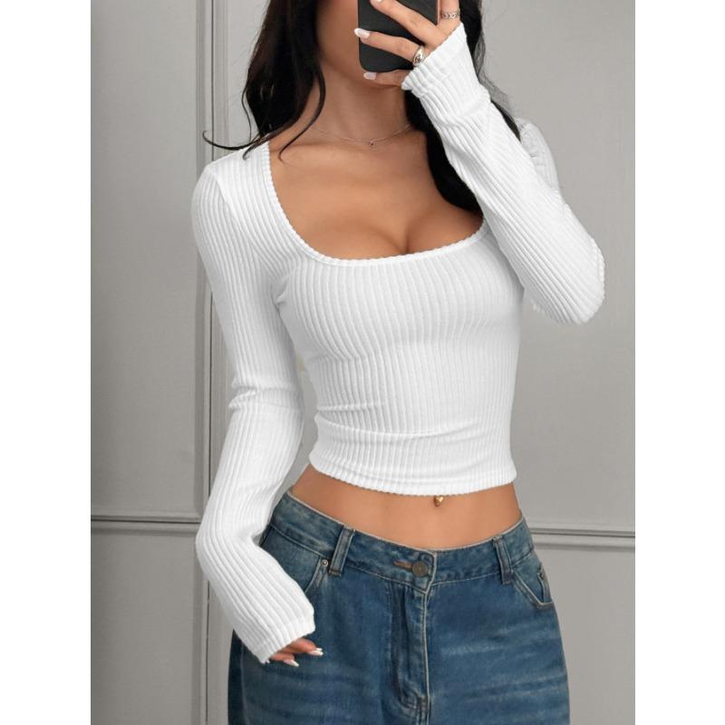 

Womens Solid Ribbed Square Neck Long Sleeve Cropped Top S белый
