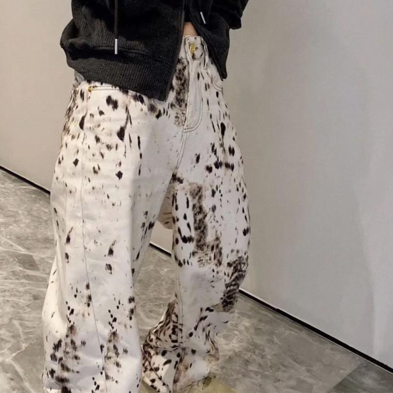 JYL Women's Leopard Print Jeans High-Street Vintage Vibe Loose High-Waist Denim