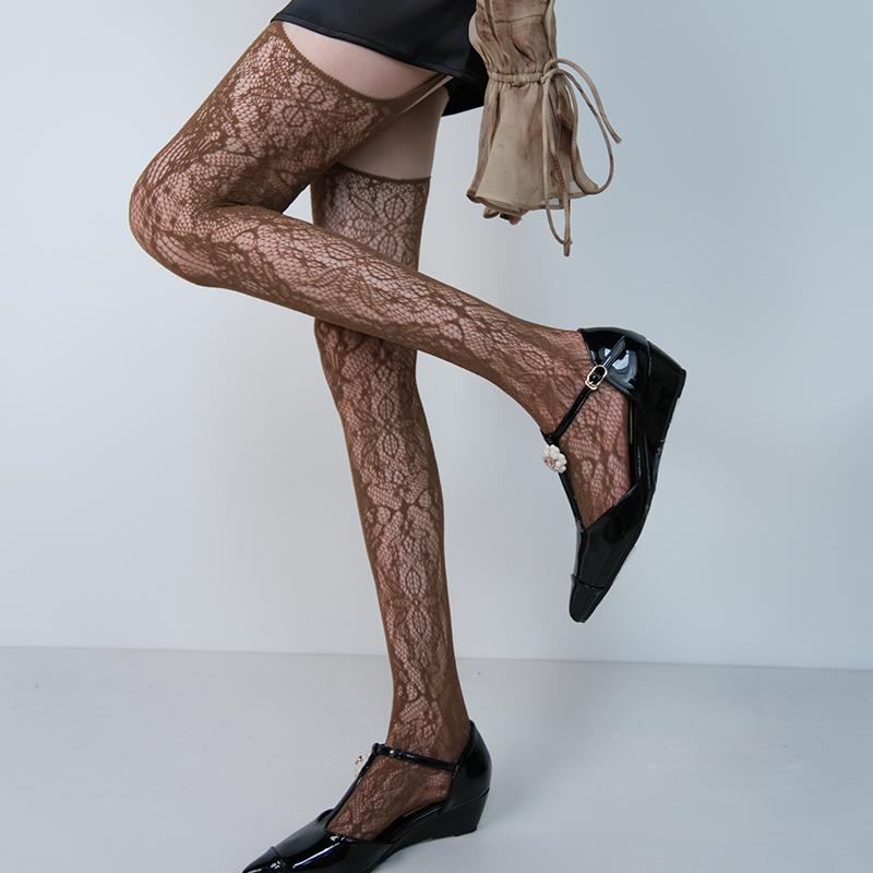 New Print Brown Fishnet Stockings Women Sexy Coffee Hollow Out Thigh High Socks Gothic Lolita Japanese Over The Knee Long Socks