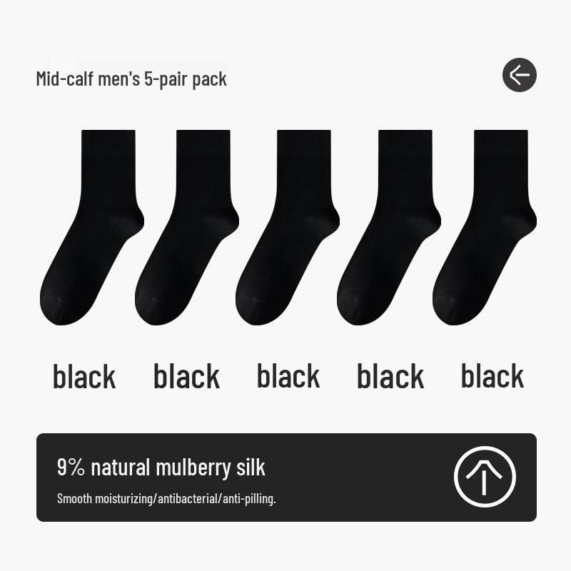 Men's High-End Antibacterial Silk Socks - Four Seasons Style, Black, Knee-High, Mid-Calf, Odor-Resistant for Business and Autumn Wear