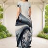 Women Plus Size Round Neck Short Sleeve Printed Green Black Loose Maxi Dress With Side Pockets