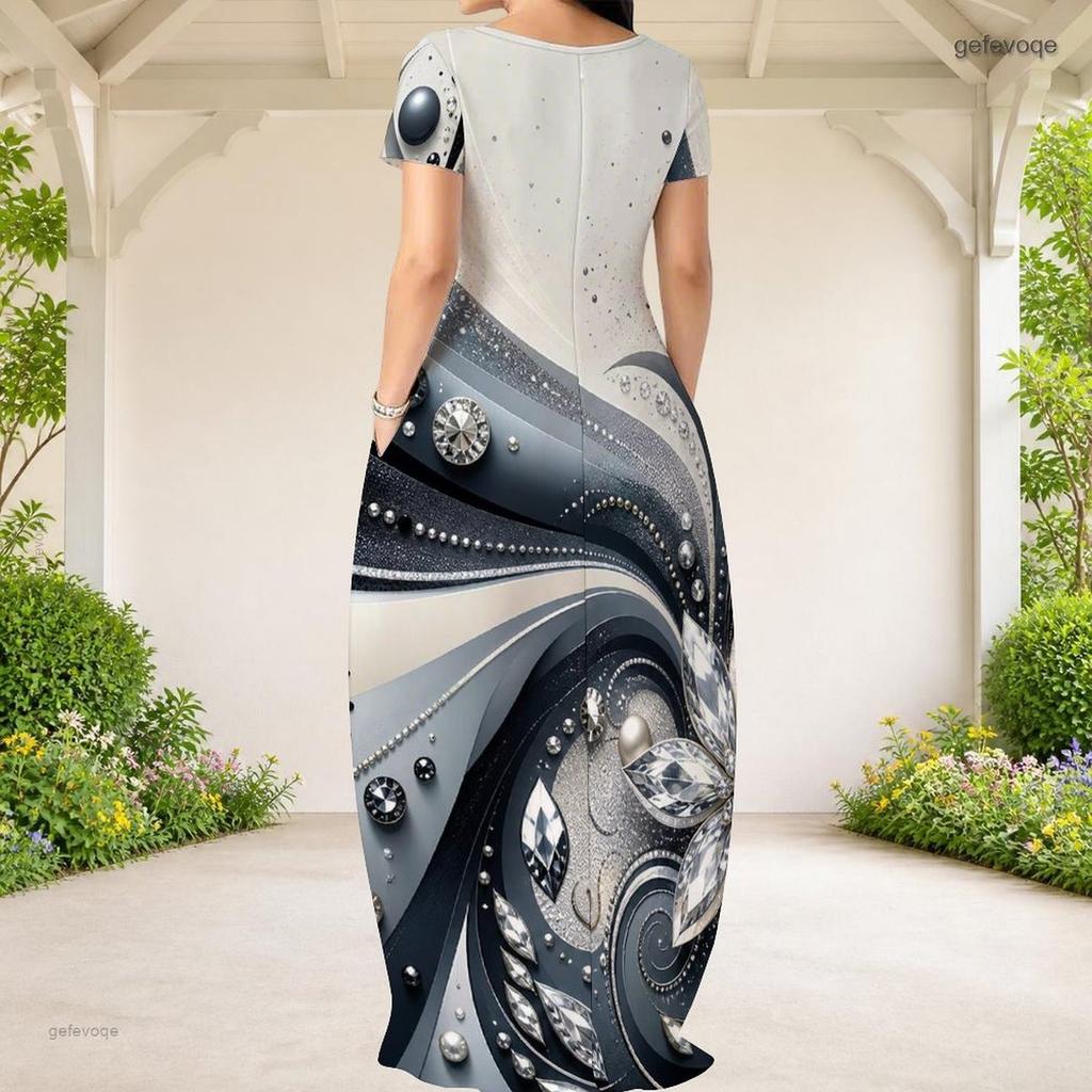 Women Plus Size Round Neck Short Sleeve Printed Green Black Loose Maxi Dress With Side Pockets