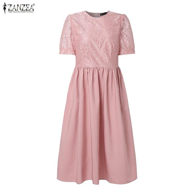 ZANZEA Women Lace Patchwork Casual Round Neck Short Sleeve Dress