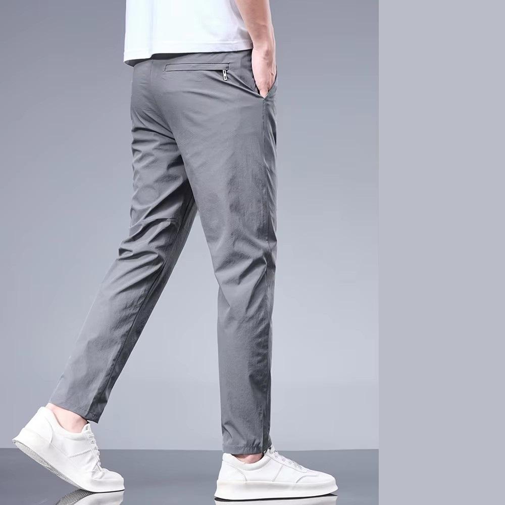 Summer New Business Ice Silk Pants Straight Elastic Waist Black Gray Trousers Breathable Simple Male Clothing Casual Suit Pants