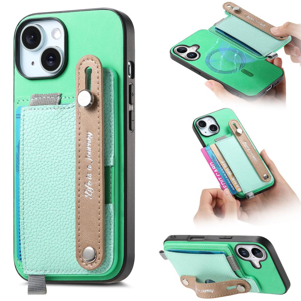 For iPhone 16 Plus Magnetic Leather Back Case with Detachable Card Holder and Wristband