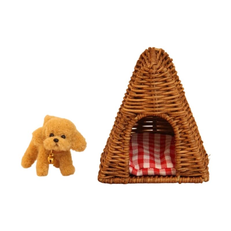 

Natural Rattan Puppy Kennel Set With Simulation Design For Ball Jointed Doll Doll House Miniature Home Scene Decoration