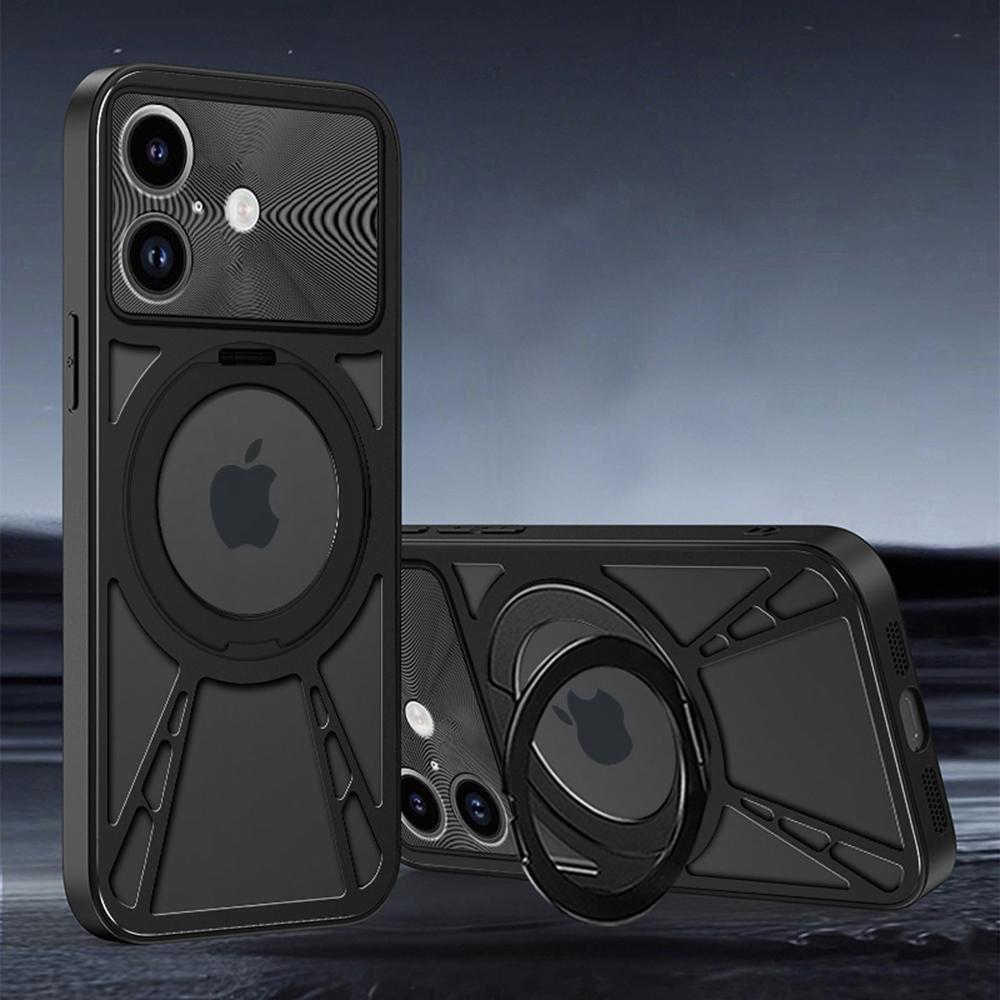 For iPhone 17 Case Magnetic Kickstand Hollow Heat Dissipation Silicone+PC+Metal Bumper Phone Cover