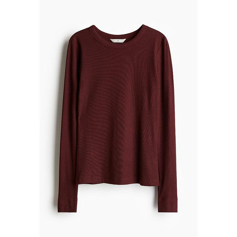 

Женская футболка HM 2025 Осень Новое поступление Мягкая Прилегающая Рубчик Модальная смесь Длинные рукава Топы 0999727 Burgundy 155/76