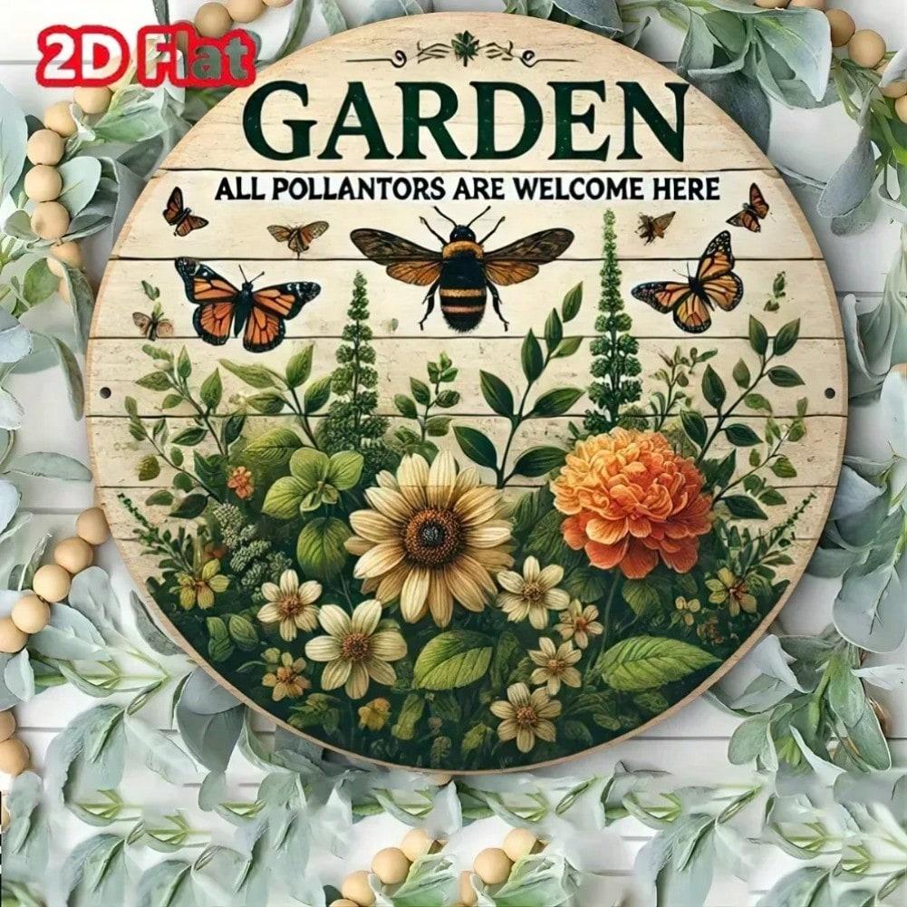 Vintage Garden Tin Wall Art with Floral Bee Design Metal Sign TYA22135-20x20cm