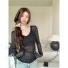 Gyaru Sexy Thin Slightly Transparent V-neck Knit T-shirt Women Summer Pure Desire Long Sleeve Sun Protection Cover Up Slim