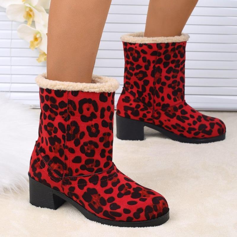 Leopard Print Block Heel Cotton Boots Winter New Round Toe Suede Soft Sole Anti-slip Wear-resistant Short-thigh Boots