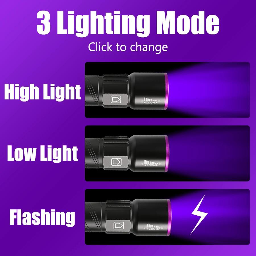 UV Flashlight LED Ultraviolet Torch Zoomable Mini Ultra Violet Lights 395nm Inspection Lamp Pet Urine Stain Detector Tools