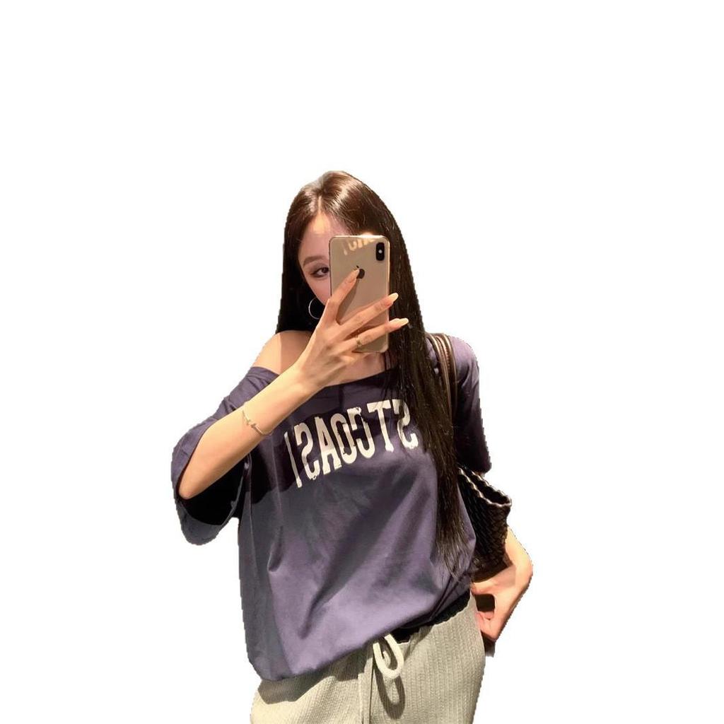 2026 Summer Women's Asymmetrical Letter Print T-Shirt - Short Sleeve, Loose Fit, Versatile Spicy Girl Design