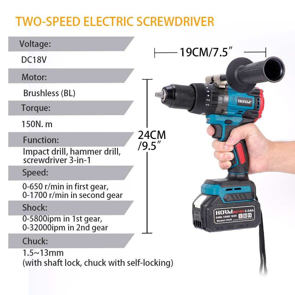 Brushless Electric Hammer Drill Cordless Screwdriver 150N.m 3 in 1 Powerful 2-Speed Impact Drill Tool For Makita 18V Battery
