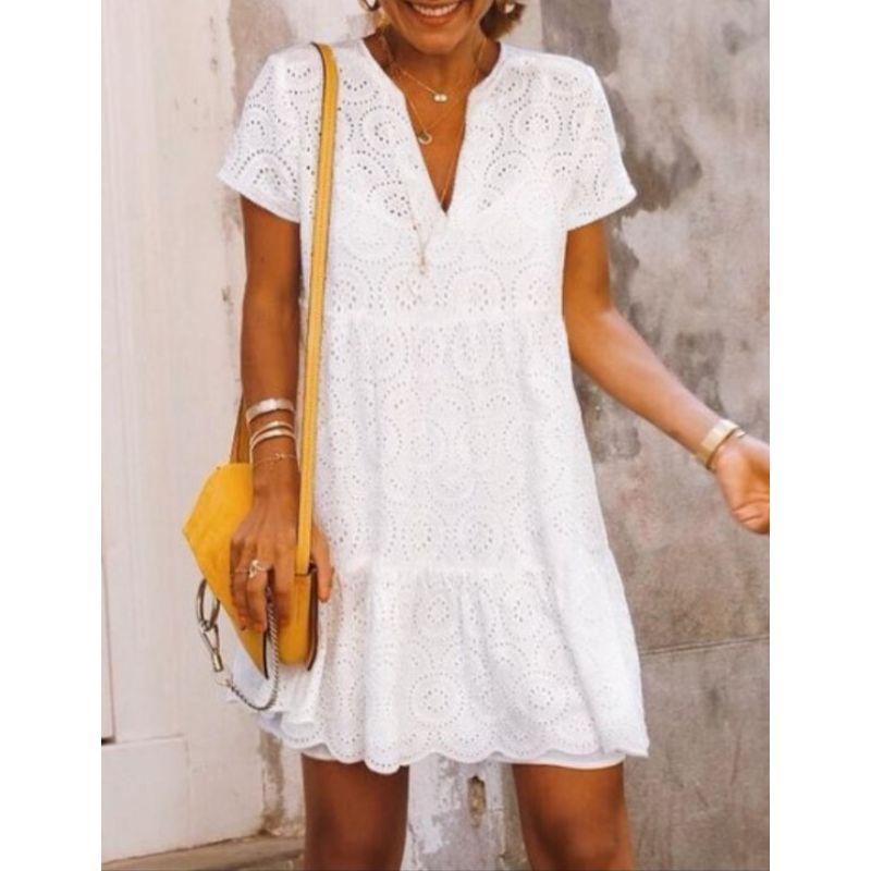 White V-neck Loose Hollow Fairy Dress Embroidery