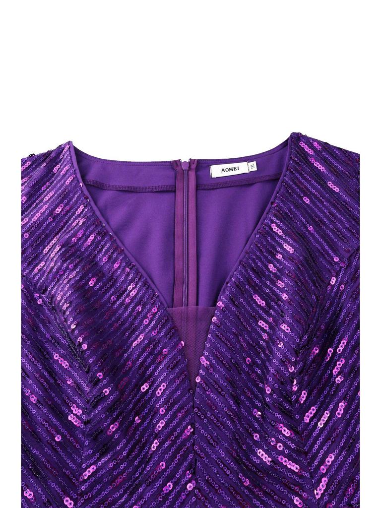 Plus Size V-Neck Sequin Patchwork Long Sleeve Evening Gown - Elegant High Waist Banquet Dress